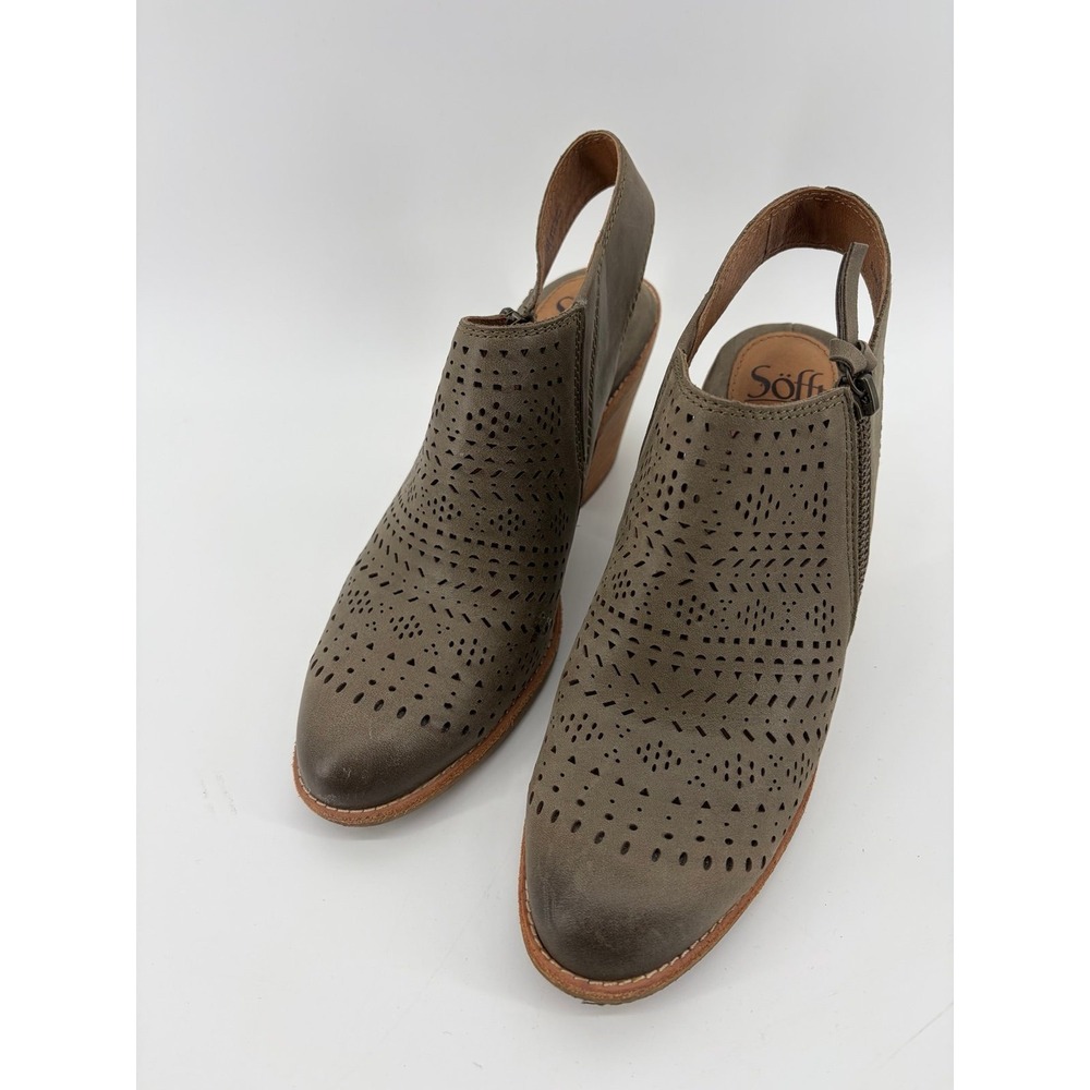 Sofft Tensley Leather Slingback, Olive Green Laser Cut, Heeled Bootie, Women 8.5